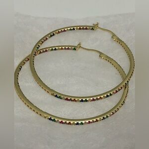 Beautiful Gold Tone Signed CN Rhinestone Hoop Earrings Lever Closure